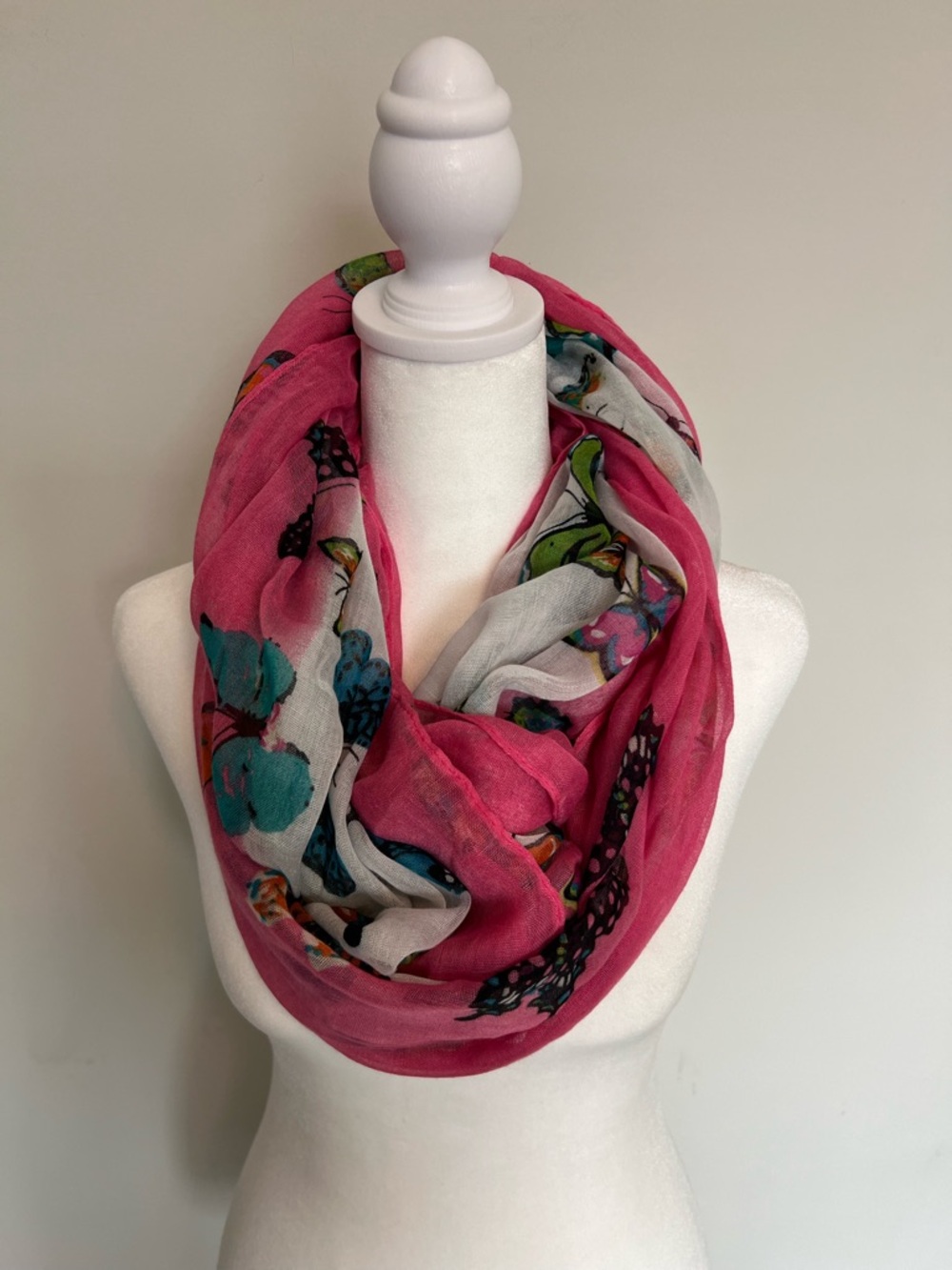 Lightweight Butterfly Print‎ Infinity Scarf in Pink and White